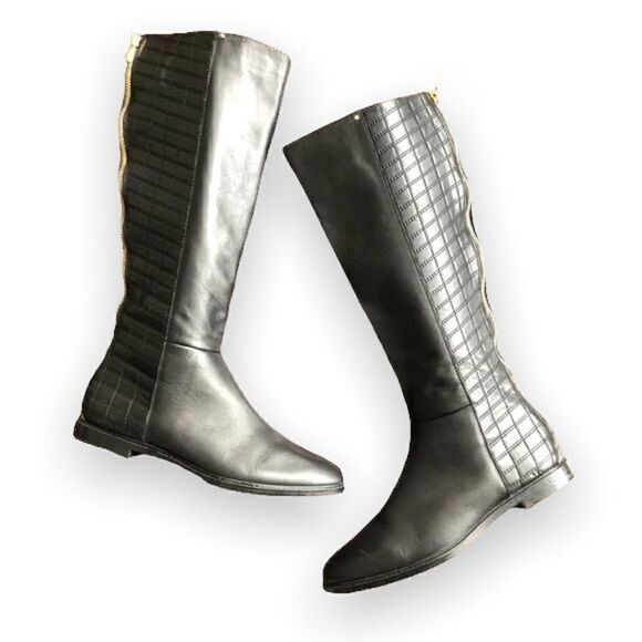 CK Calvin Klein Black Leather Riding Boots with Gold Zipper "Donnily" - Picture 1 of 13